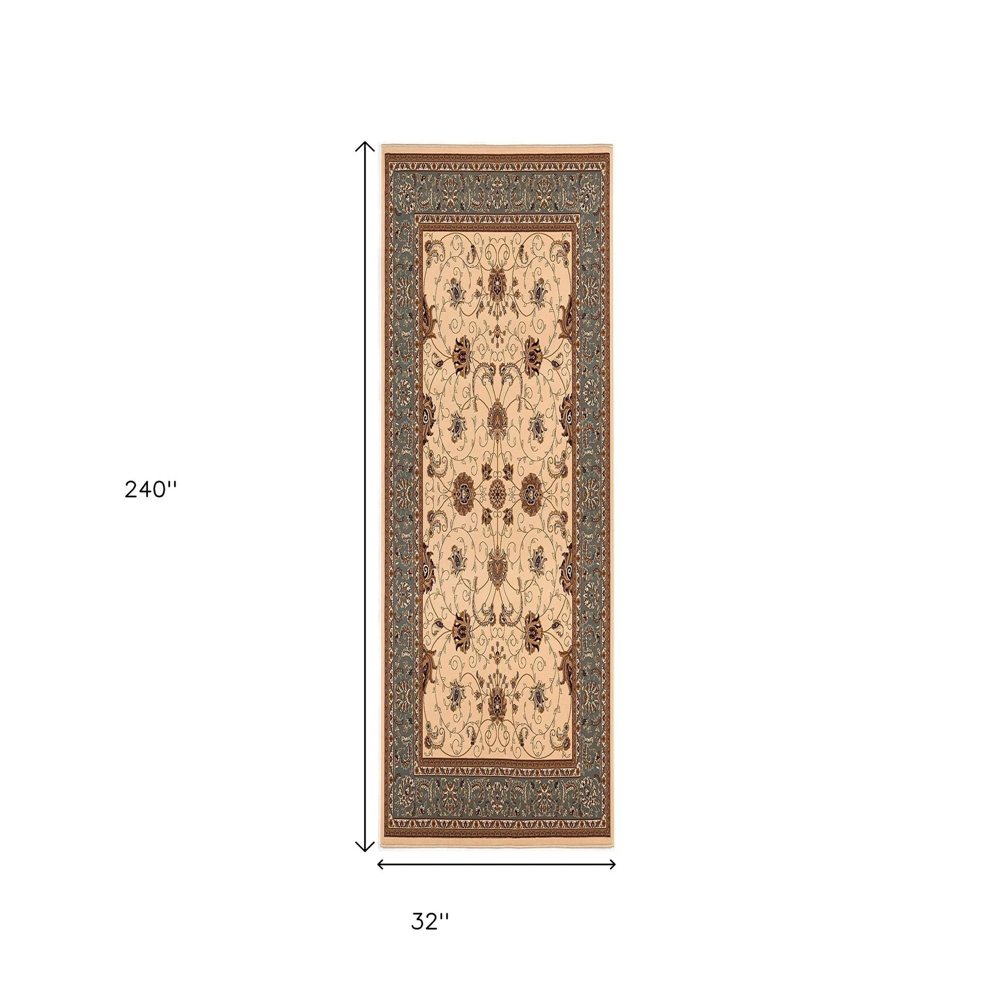 10' Blue And Ivory Oriental Runner Rug-Area Rugs-DECOROLALA