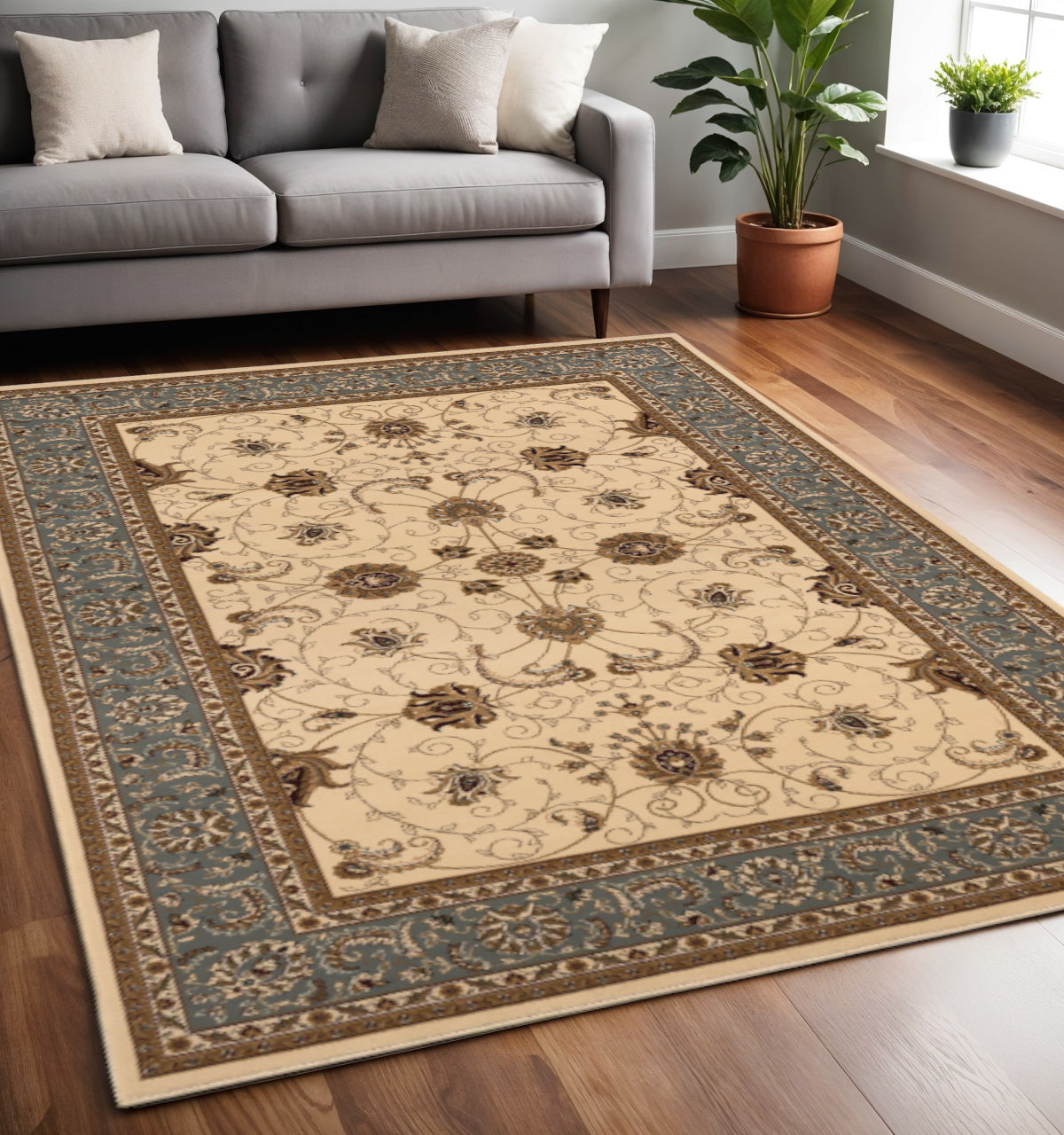 10' Blue And Ivory Oriental Runner Rug-Area Rugs-DECOROLALA