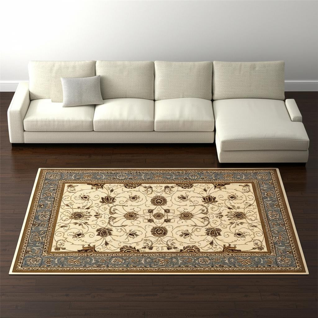 10' Blue And Ivory Oriental Runner Rug-Area Rugs-DECOROLALA