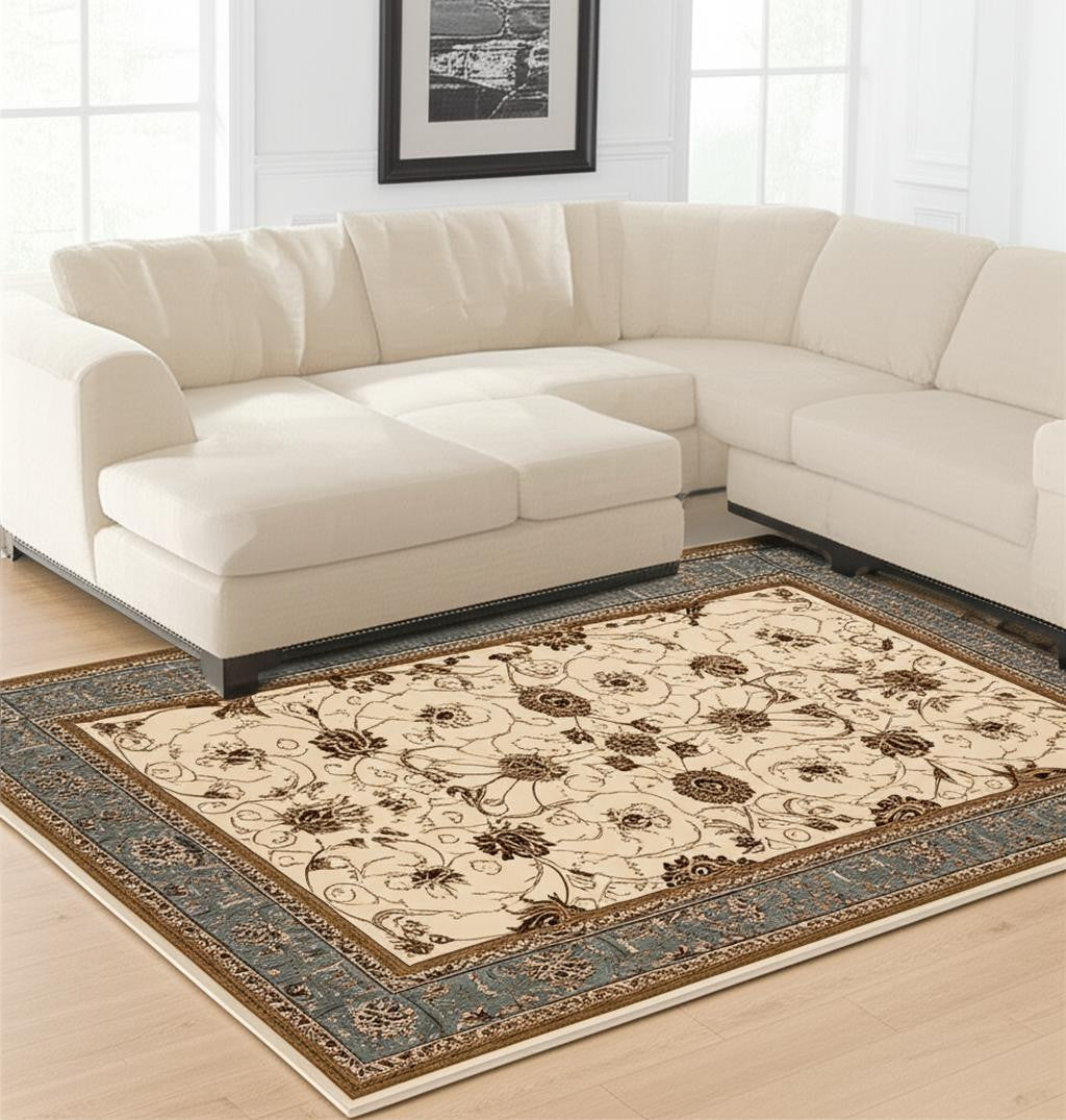 10' Blue And Ivory Oriental Runner Rug-Area Rugs-DECOROLALA