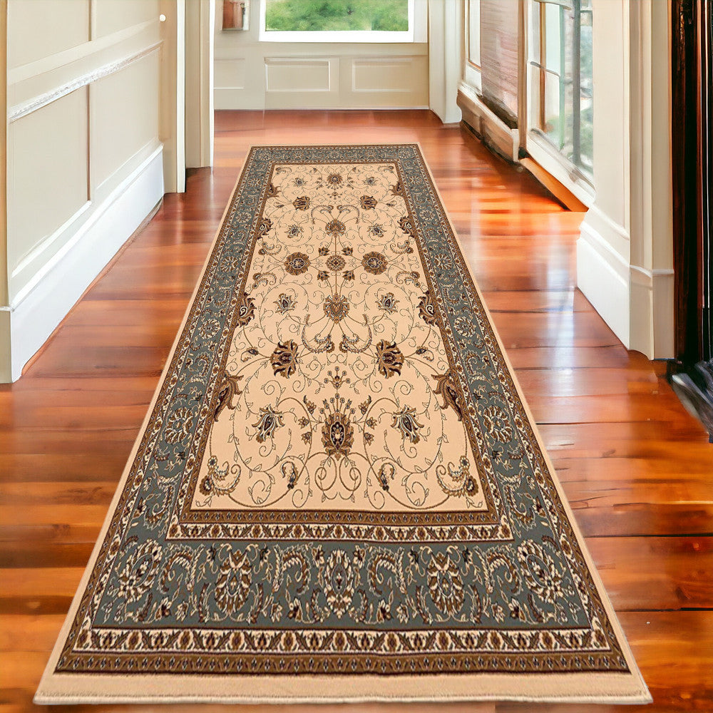 10' Blue And Ivory Oriental Runner Rug-Area Rugs-DECOROLALA