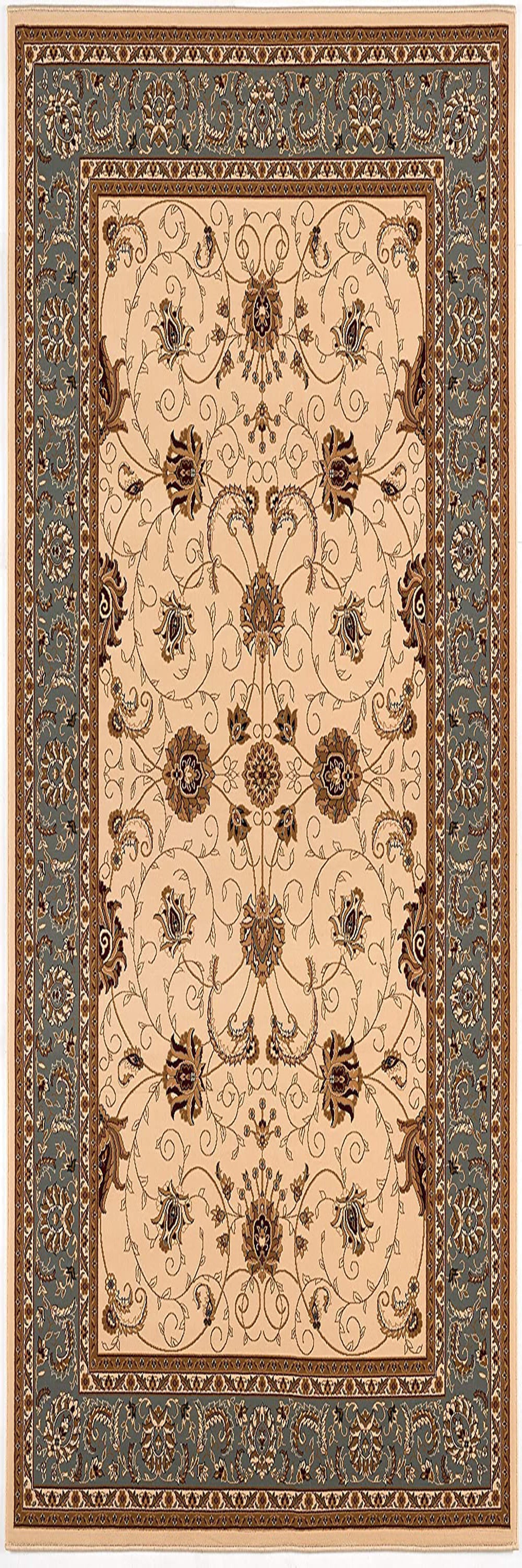 10' Blue And Ivory Oriental Runner Rug-Area Rugs-DECOROLALA
