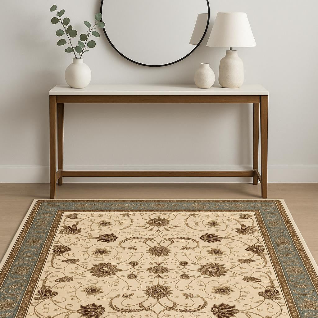 10' Blue And Ivory Oriental Runner Rug-Area Rugs-DECOROLALA