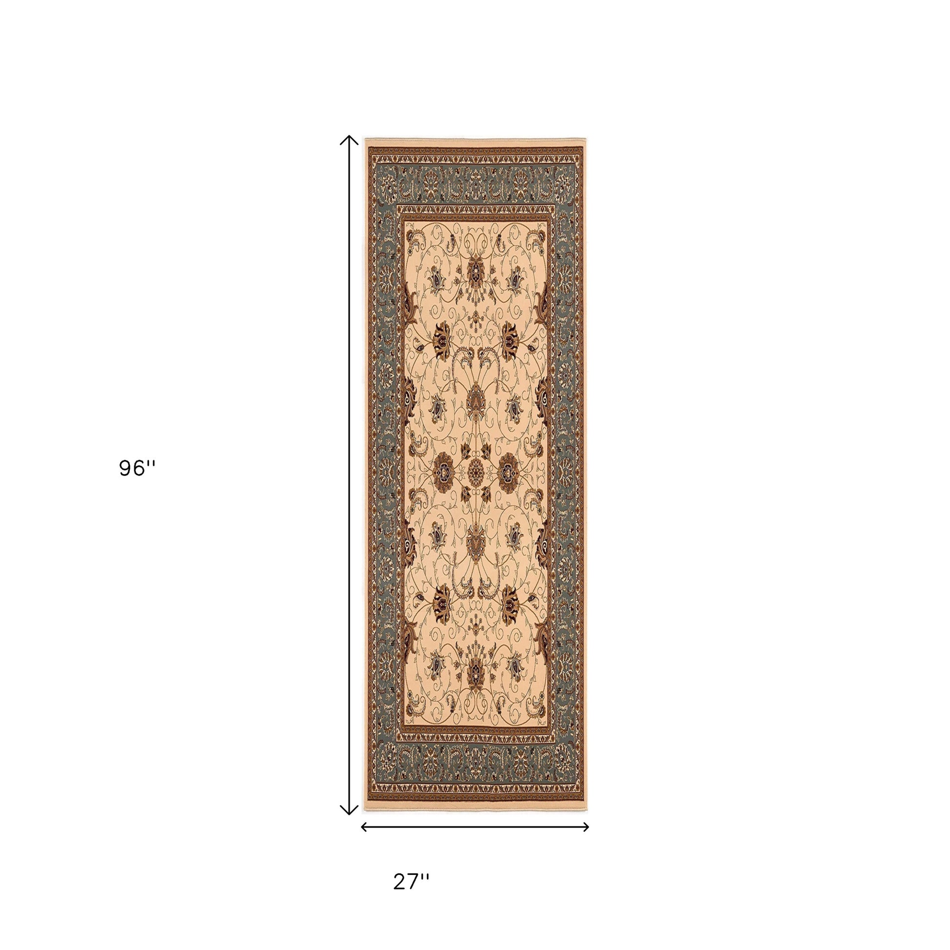 10' Blue And Ivory Oriental Runner Rug-Area Rugs-DECOROLALA