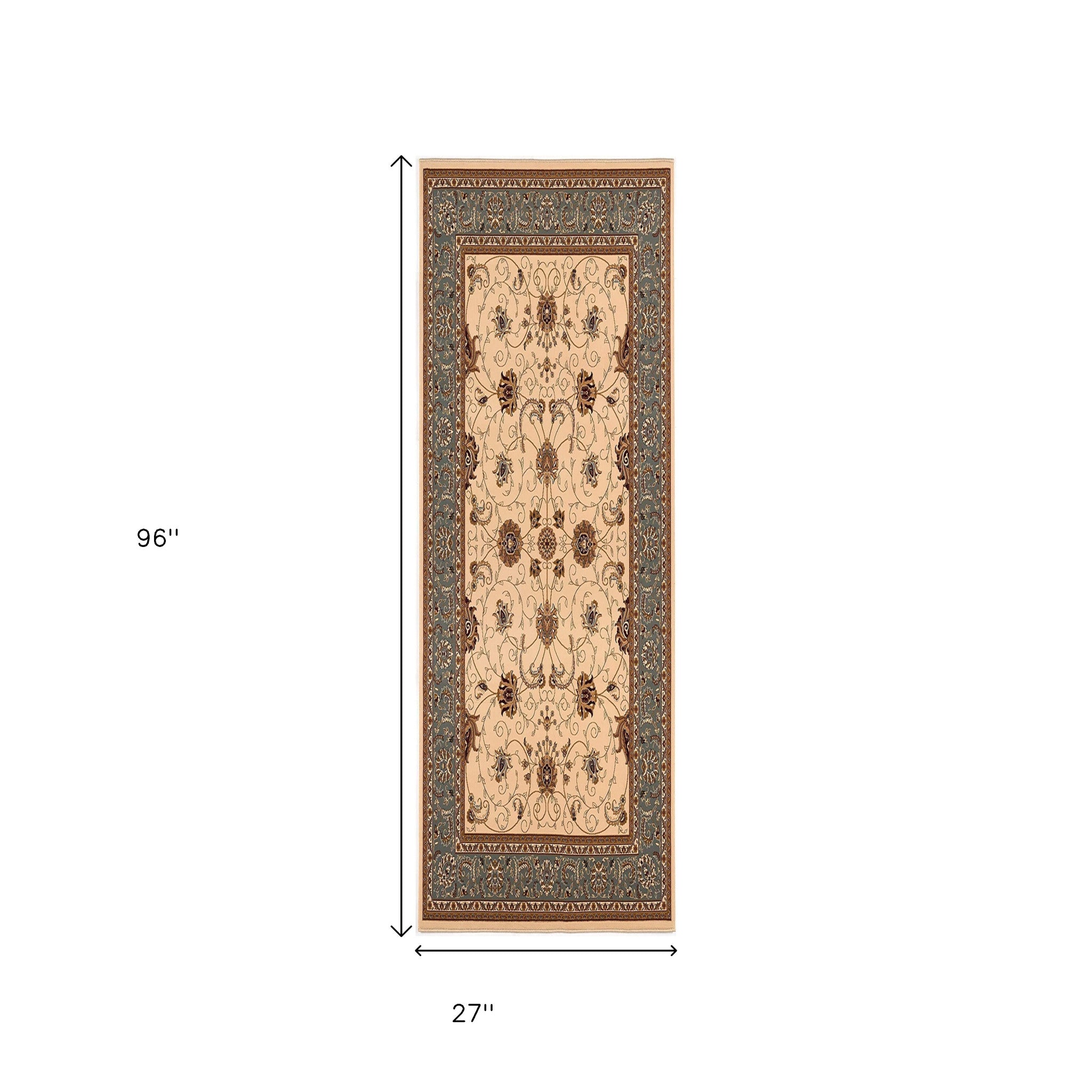 10' Blue And Ivory Oriental Runner Rug-Area Rugs-DECOROLALA