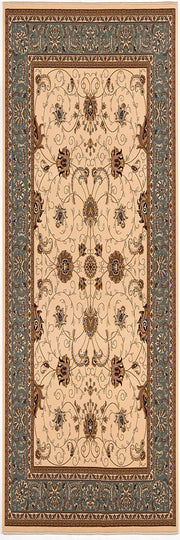 10' Blue And Ivory Oriental Runner Rug-Area Rugs-DECOROLALA