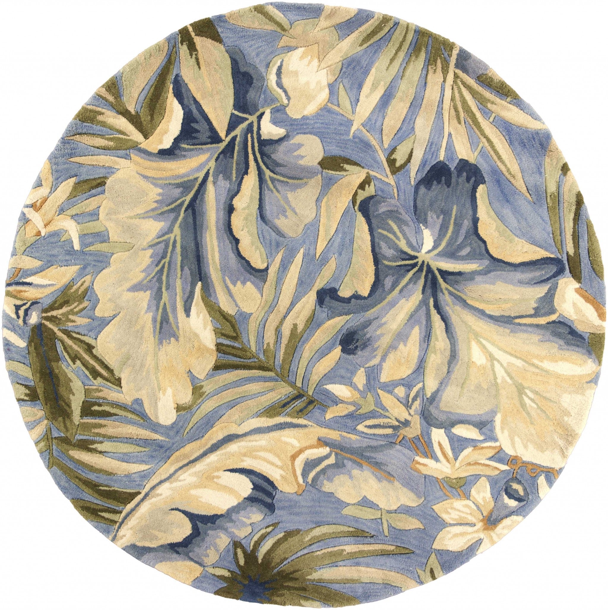 10' Blue Beige And Green Wool Tropical Botanical Hand Tufted Runner Rug-Area Rugs-DECOROLALA