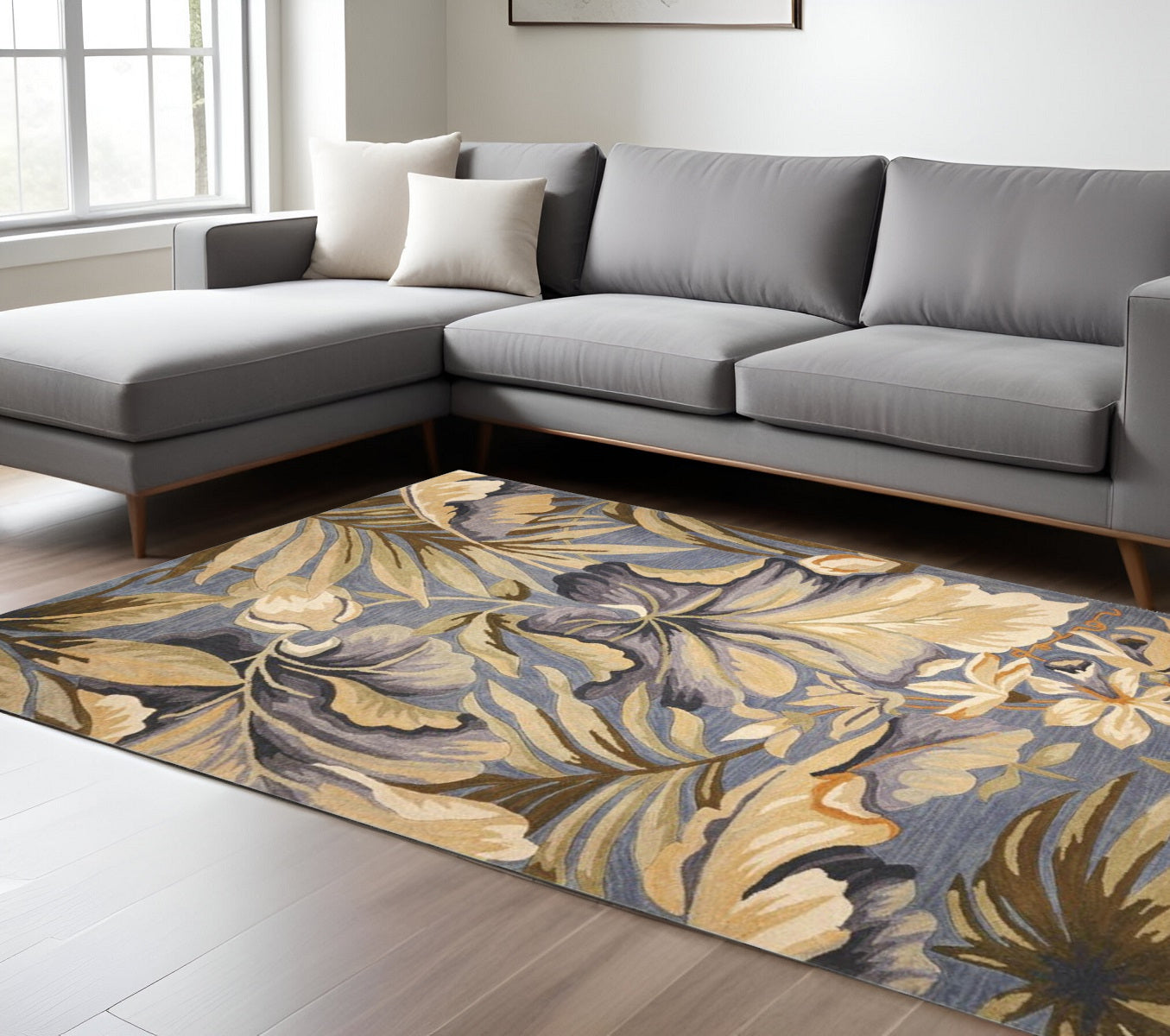 10' Blue Beige And Green Wool Tropical Botanical Hand Tufted Runner Rug-Area Rugs-DECOROLALA