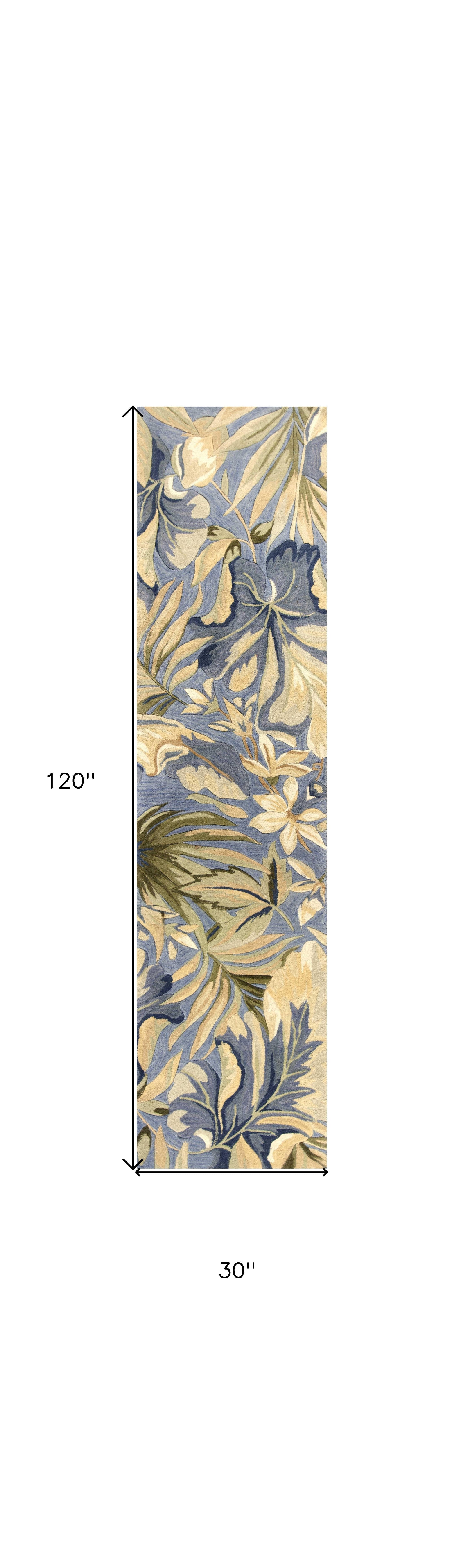10' Blue Beige And Green Wool Tropical Botanical Hand Tufted Runner Rug-Area Rugs-DECOROLALA