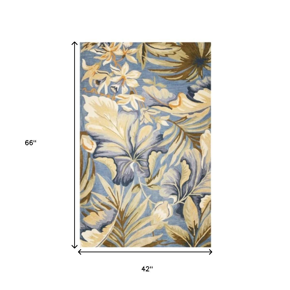 10' Blue Beige And Green Wool Tropical Botanical Hand Tufted Runner Rug-Area Rugs-DECOROLALA