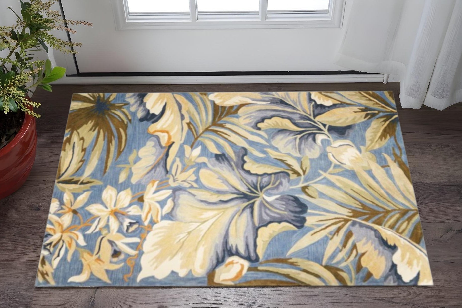 10' Blue Beige And Green Wool Tropical Botanical Hand Tufted Runner Rug-Area Rugs-DECOROLALA