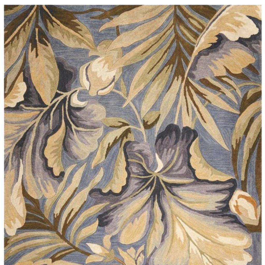 10' Blue Beige And Green Wool Tropical Botanical Hand Tufted Runner Rug-Area Rugs-DECOROLALA