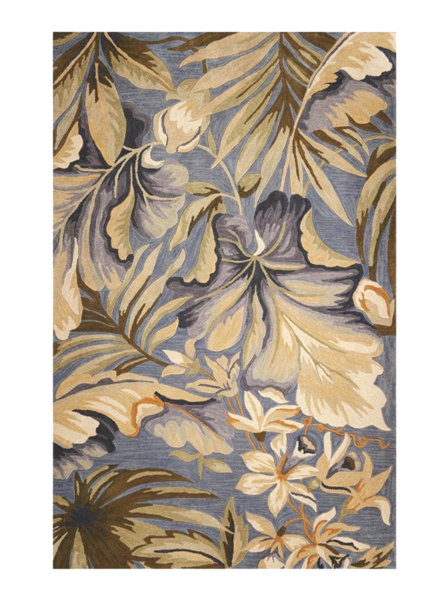 10' Blue Beige And Green Wool Tropical Botanical Hand Tufted Runner Rug-Area Rugs-DECOROLALA