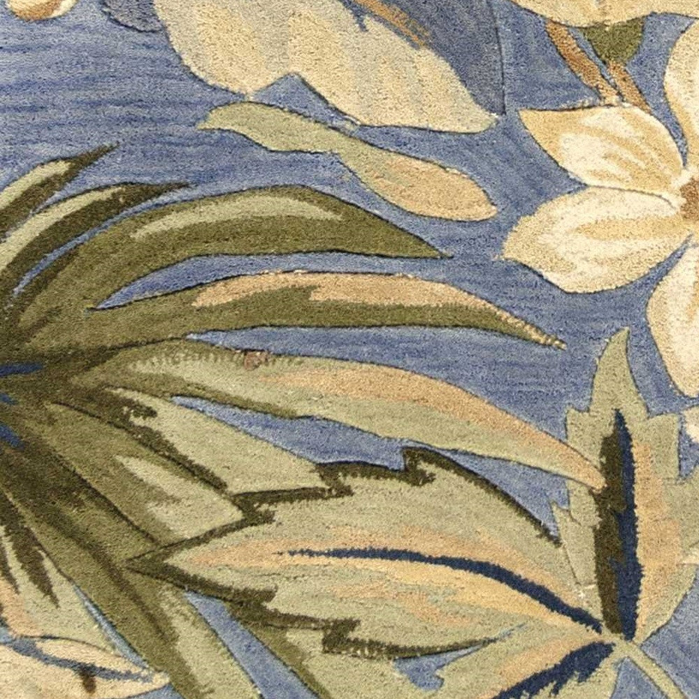 10' Blue Beige And Green Wool Tropical Botanical Hand Tufted Runner Rug-Area Rugs-DECOROLALA