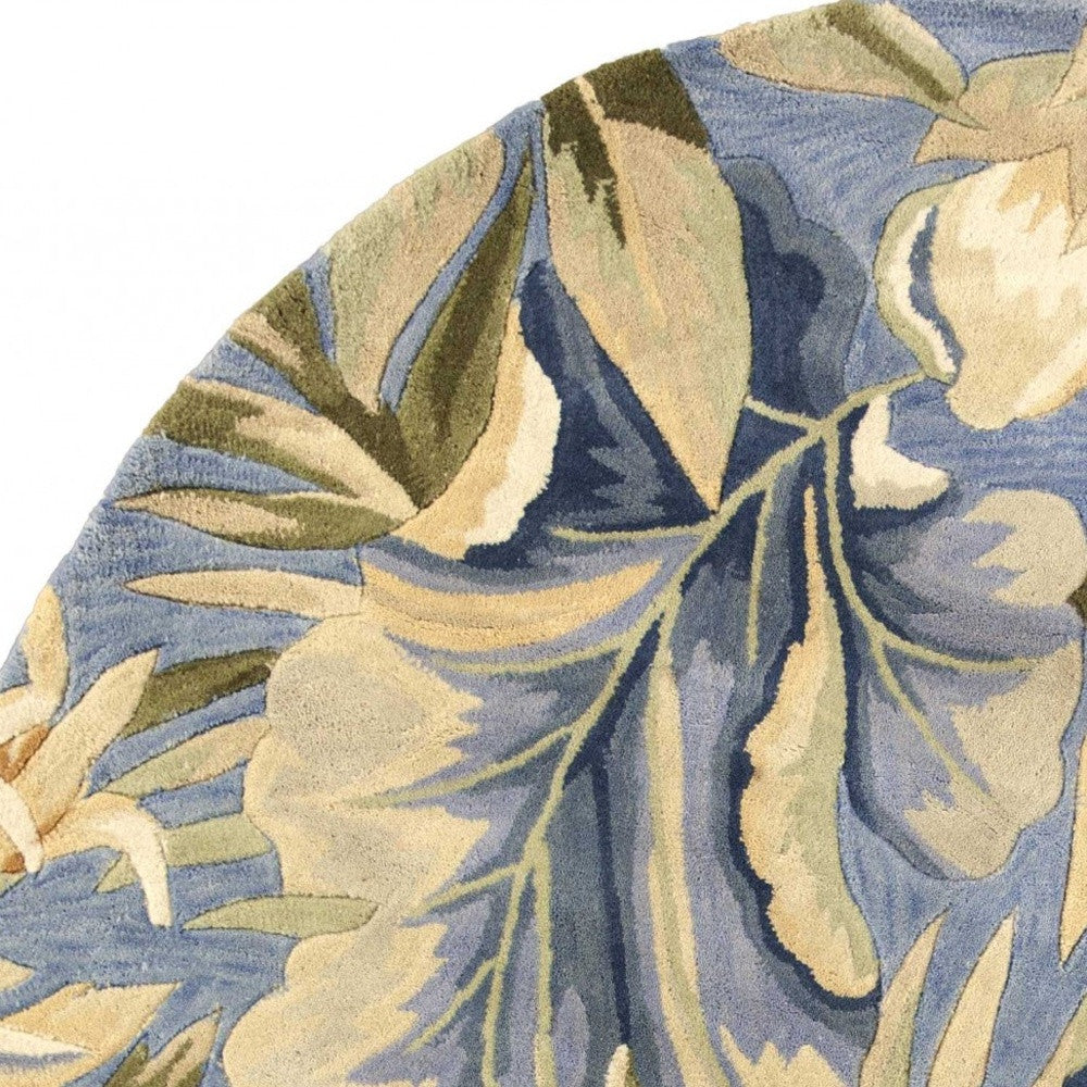 10' Blue Beige And Green Wool Tropical Botanical Hand Tufted Runner Rug-Area Rugs-DECOROLALA