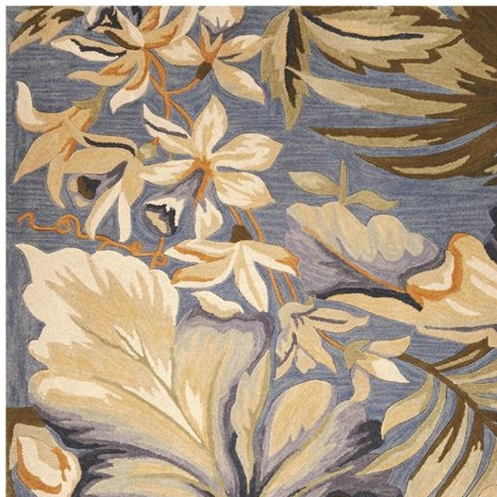 10' Blue Beige And Green Wool Tropical Botanical Hand Tufted Runner Rug-Area Rugs-DECOROLALA