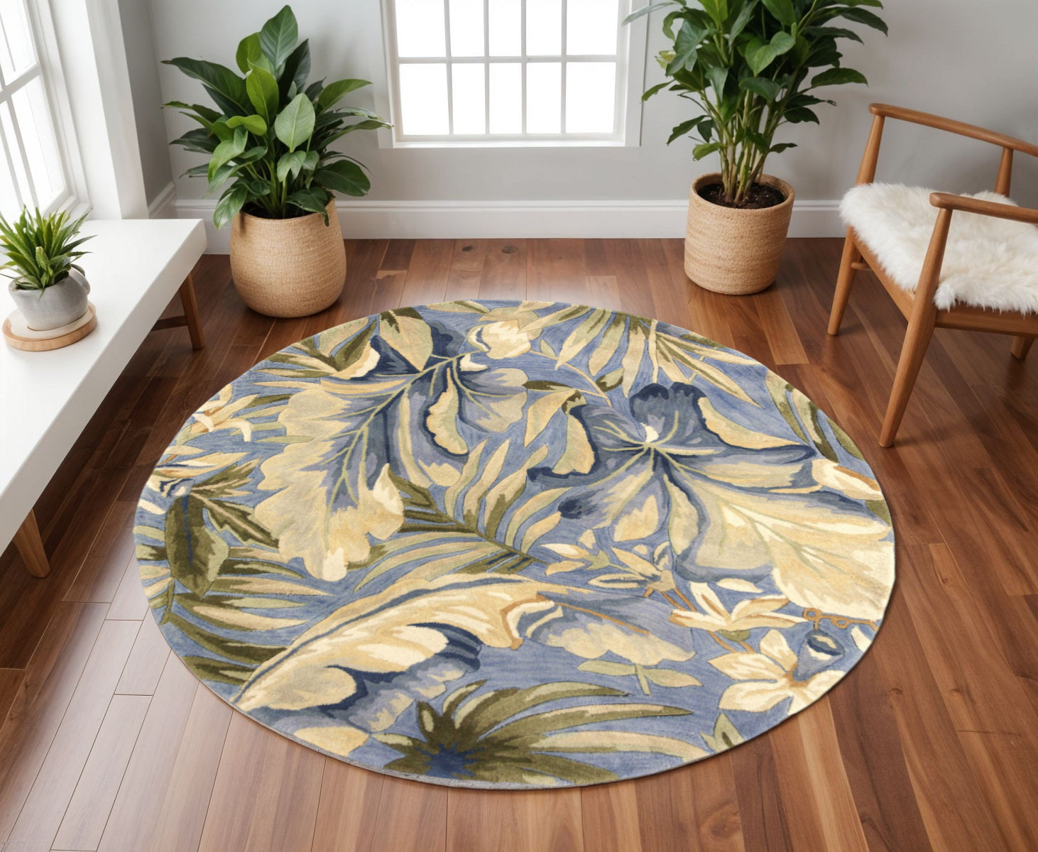 10' Blue Beige And Green Wool Tropical Botanical Hand Tufted Runner Rug-Area Rugs-DECOROLALA