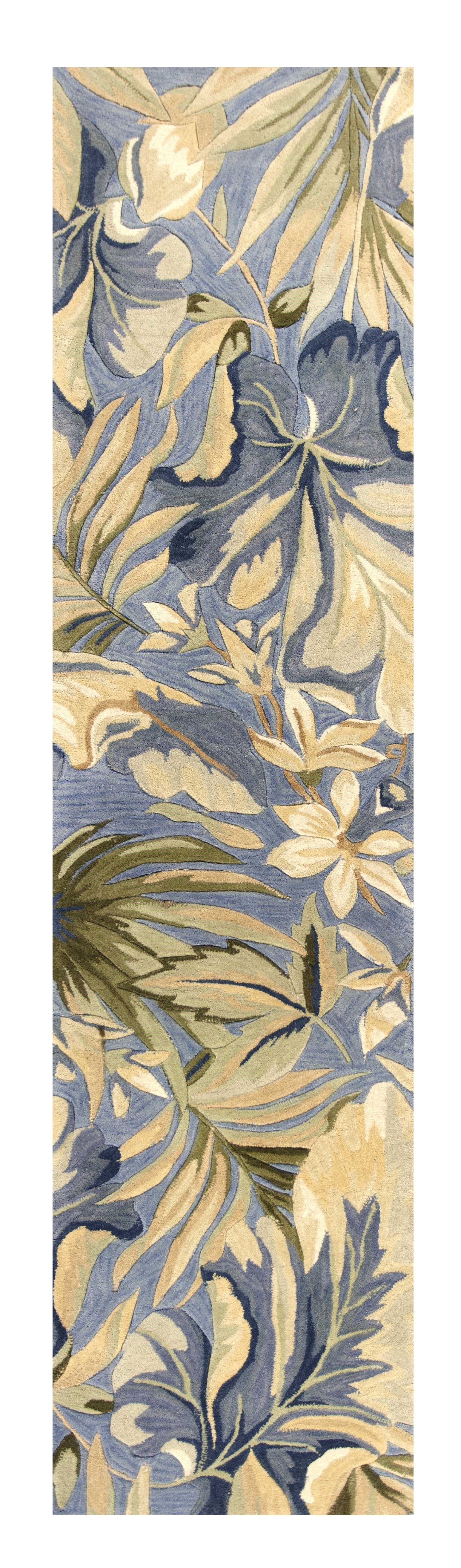 10' Blue Beige And Green Wool Tropical Botanical Hand Tufted Runner Rug-Area Rugs-DECOROLALA