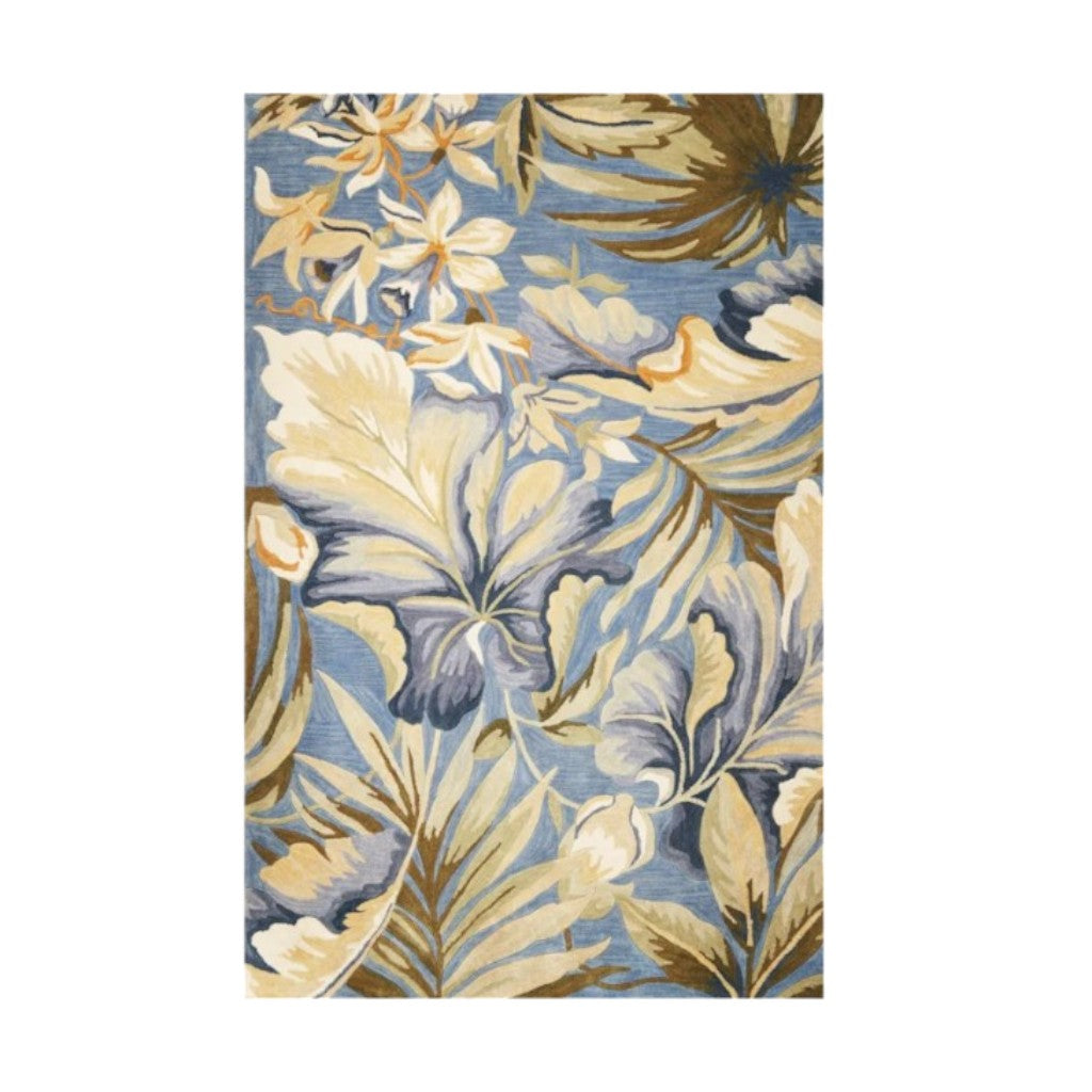 10' Blue Beige And Green Wool Tropical Botanical Hand Tufted Runner Rug-Area Rugs-DECOROLALA