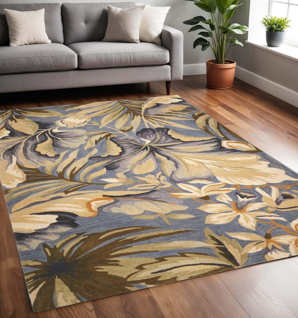 10' Blue Beige And Green Wool Tropical Botanical Hand Tufted Runner Rug-Area Rugs-DECOROLALA