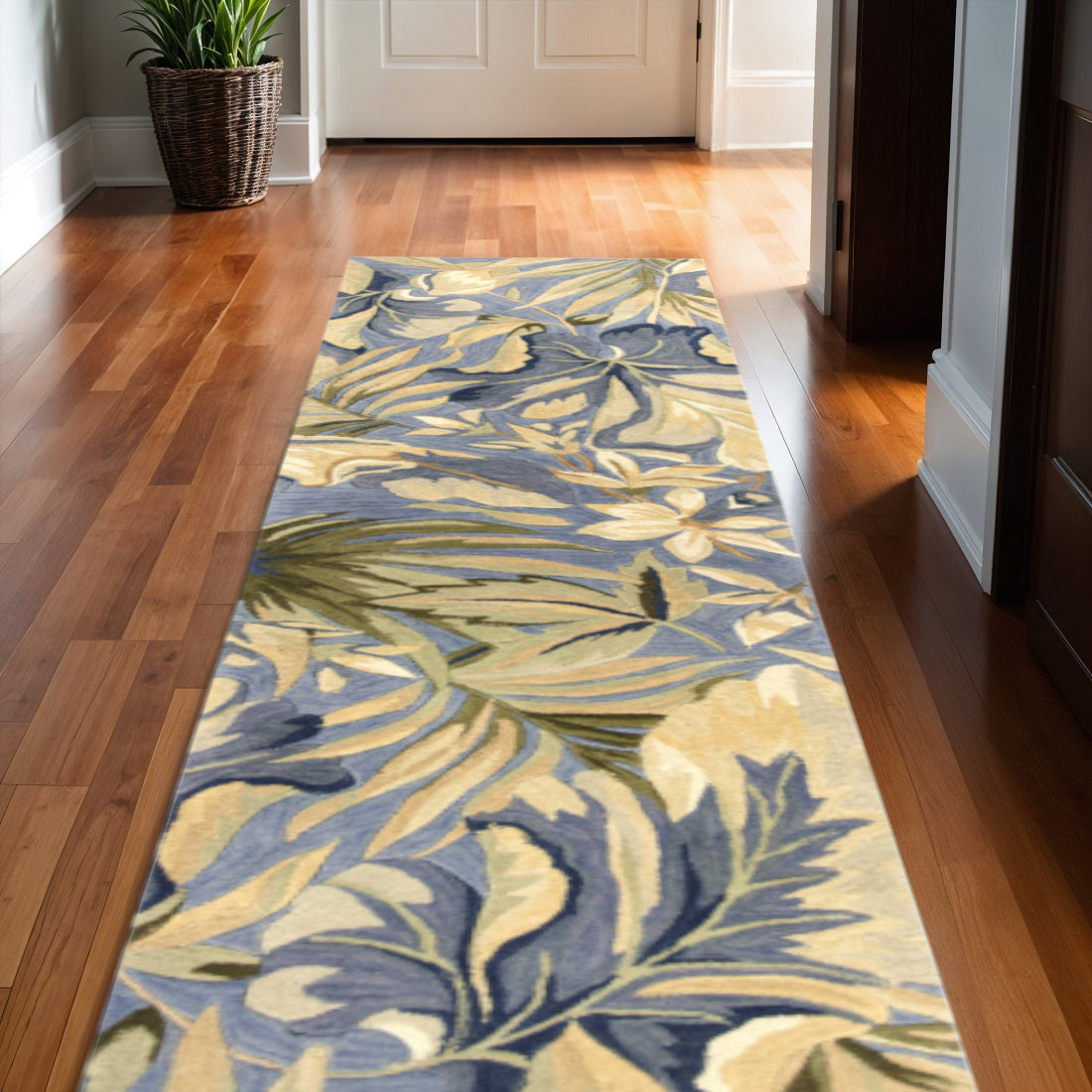10' Blue Beige And Green Wool Tropical Botanical Hand Tufted Runner Rug-Area Rugs-DECOROLALA
