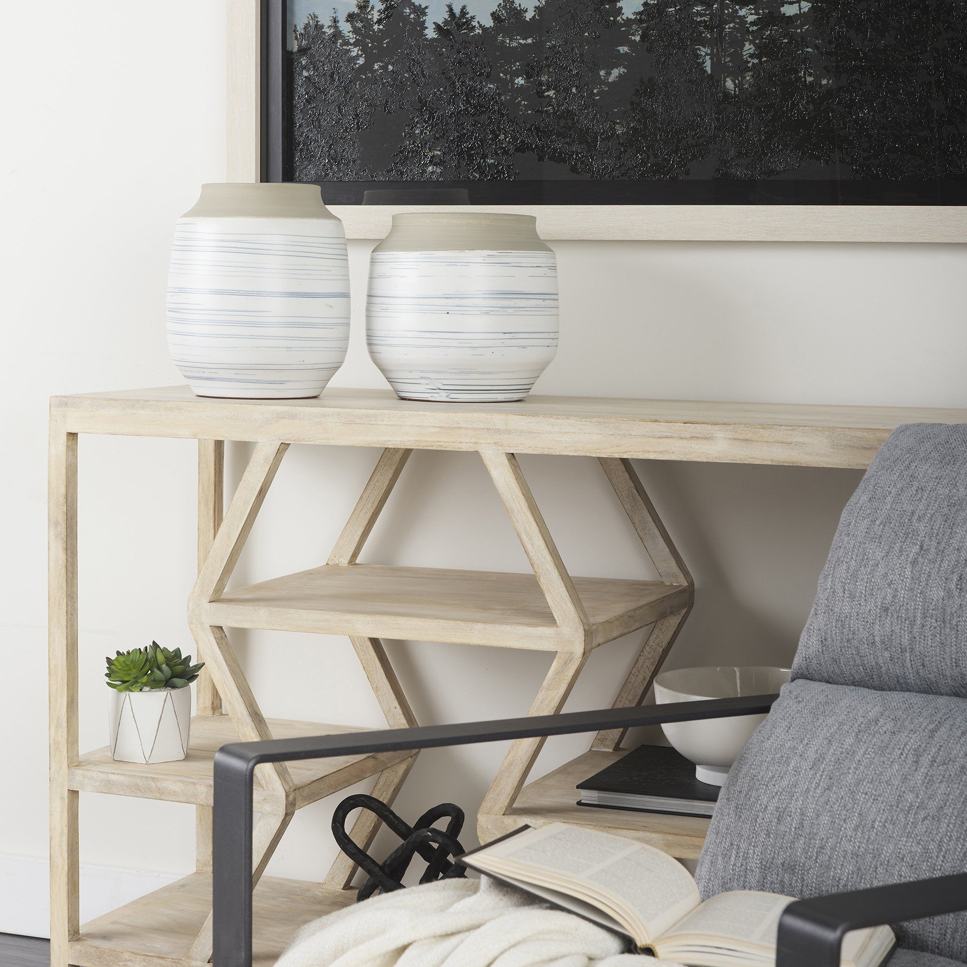 10" Blue Sand And White Abstract Cylinder Ceramic Table Vase-Vases-DECOROLALA