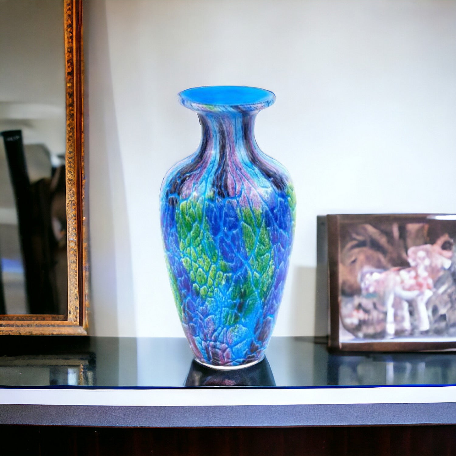 10" Blue and Green Glass Abstract Round Table Vase-Vases-DECOROLALA