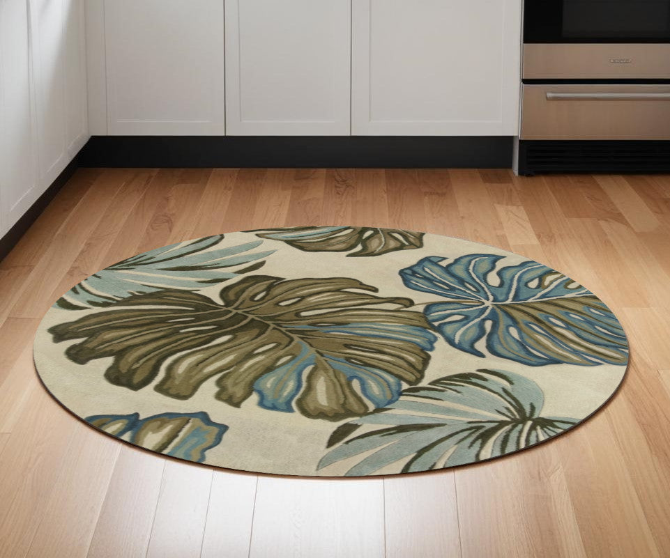 10' Brown Blue And Green Wool Tropical Botanical Hand Tufted Runner Rug-Area Rugs-DECOROLALA
