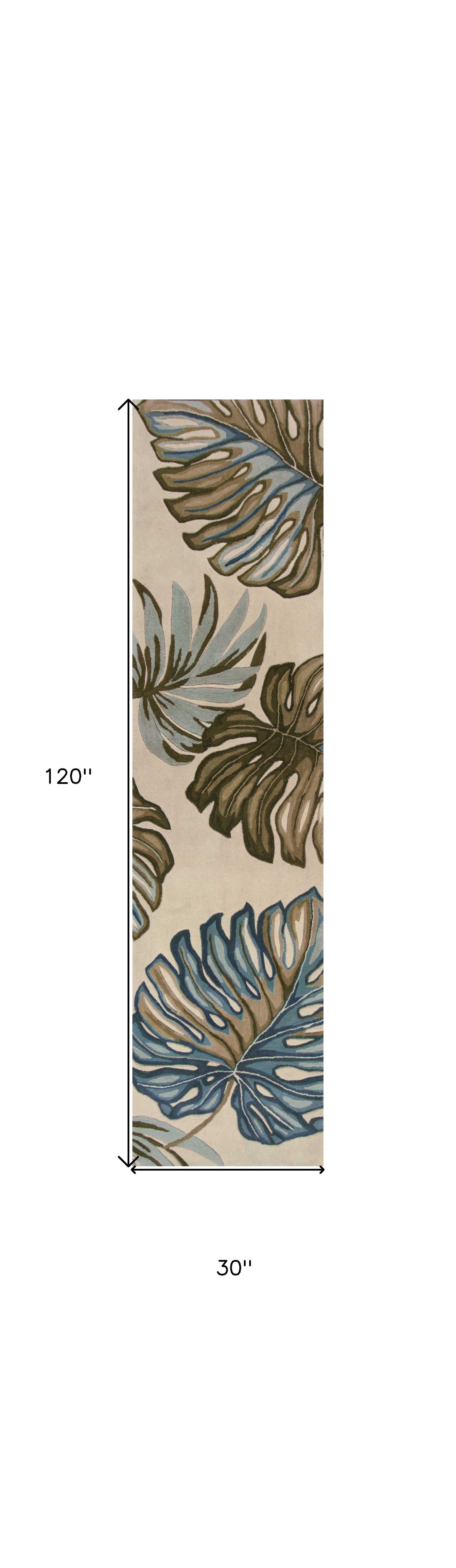 10' Brown Blue And Green Wool Tropical Botanical Hand Tufted Runner Rug-Area Rugs-DECOROLALA