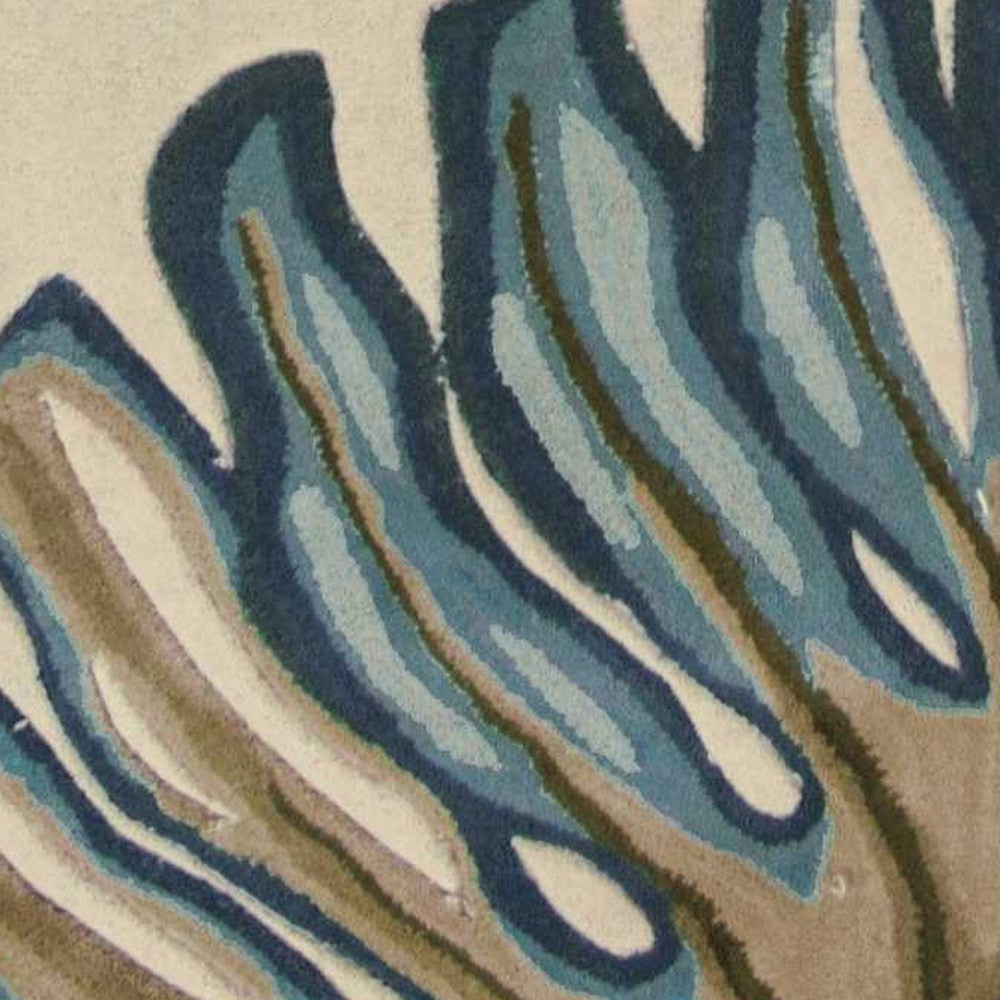 10' Brown Blue And Green Wool Tropical Botanical Hand Tufted Runner Rug-Area Rugs-DECOROLALA