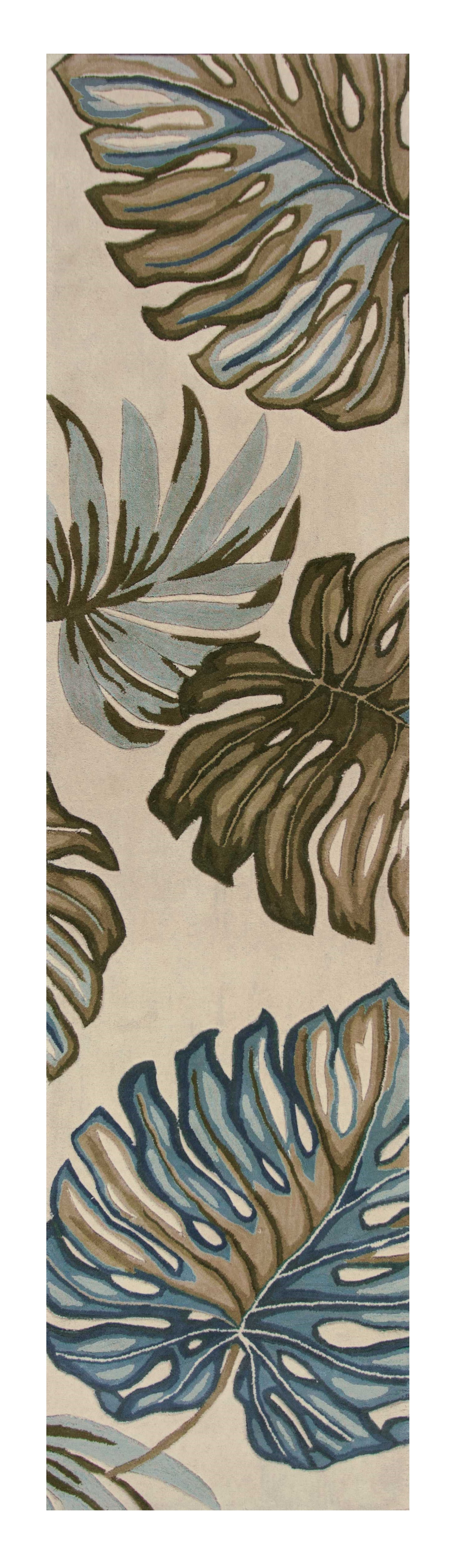 10' Brown Blue And Green Wool Tropical Botanical Hand Tufted Runner Rug-Area Rugs-DECOROLALA