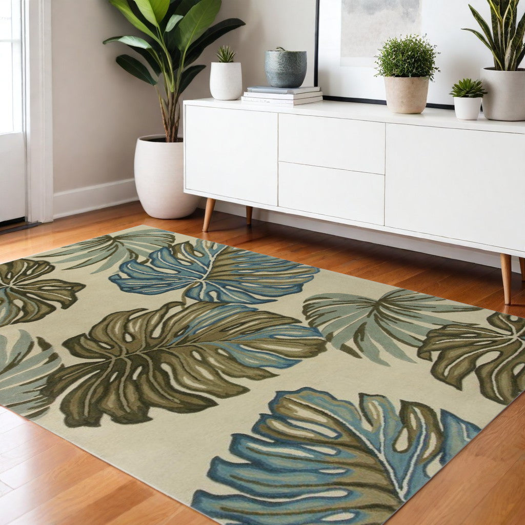 10' Brown Blue And Green Wool Tropical Botanical Hand Tufted Runner Rug-Area Rugs-DECOROLALA