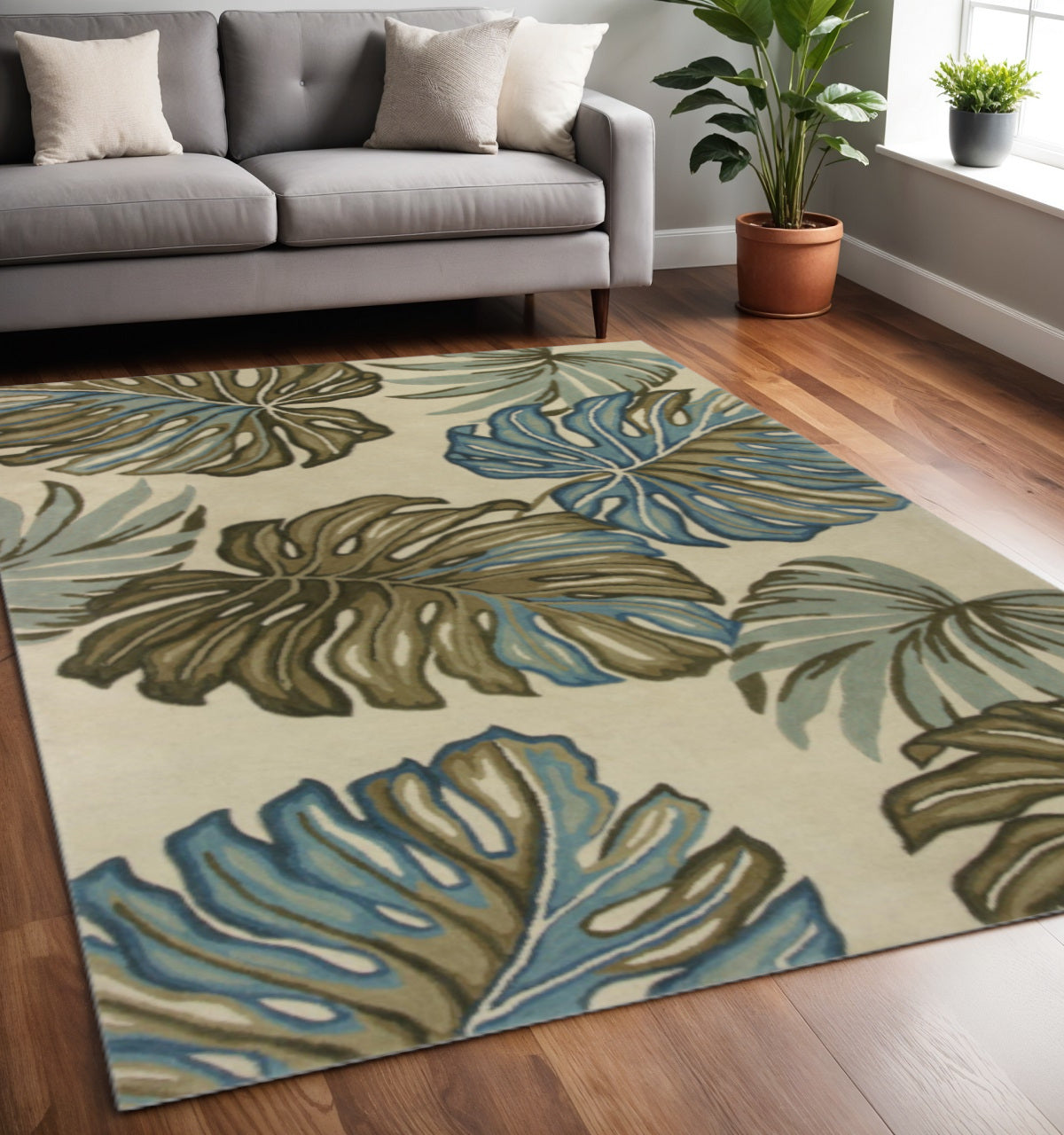 10' Brown Blue And Green Wool Tropical Botanical Hand Tufted Runner Rug-Area Rugs-DECOROLALA