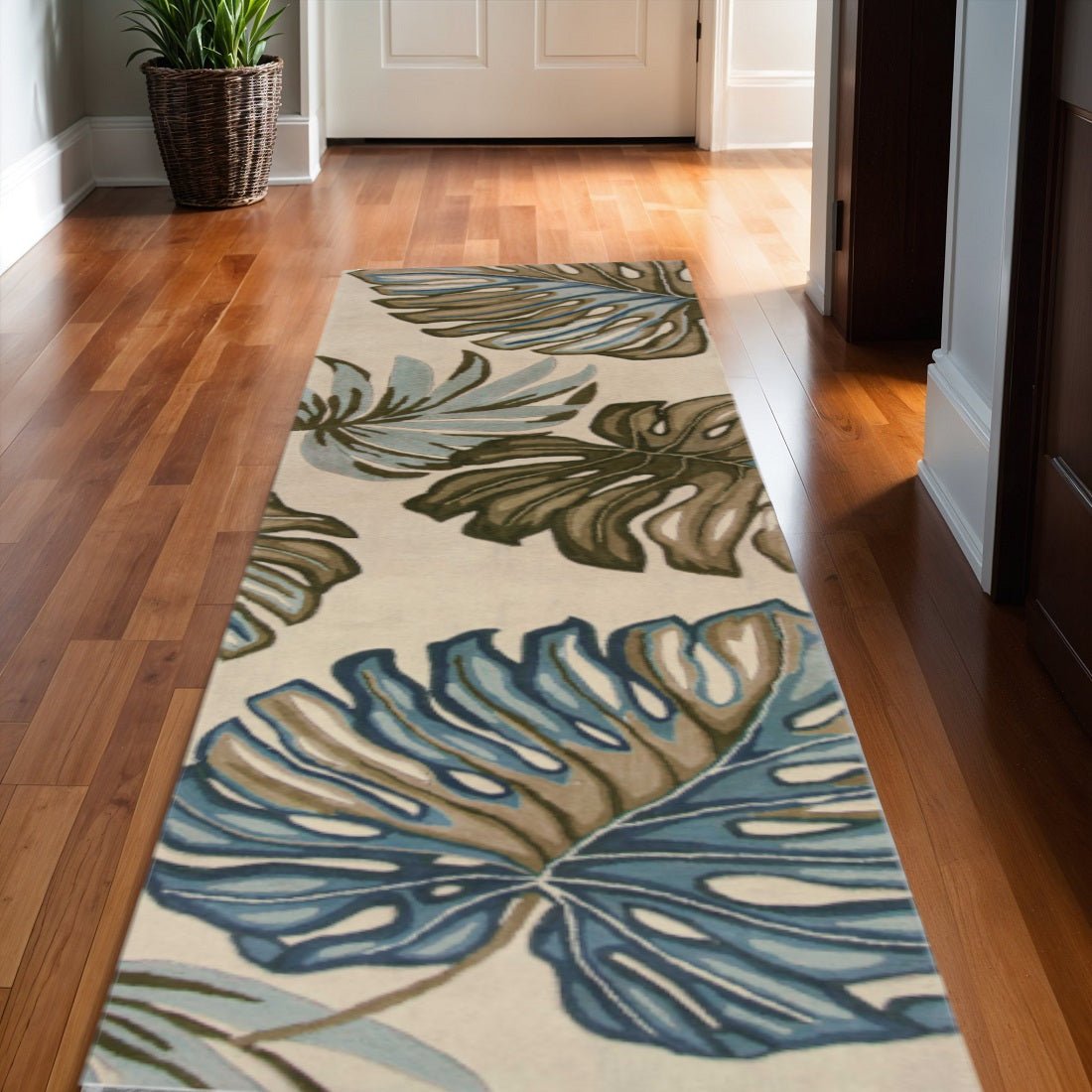 10' Brown Blue And Green Wool Tropical Botanical Hand Tufted Runner Rug-Area Rugs-DECOROLALA