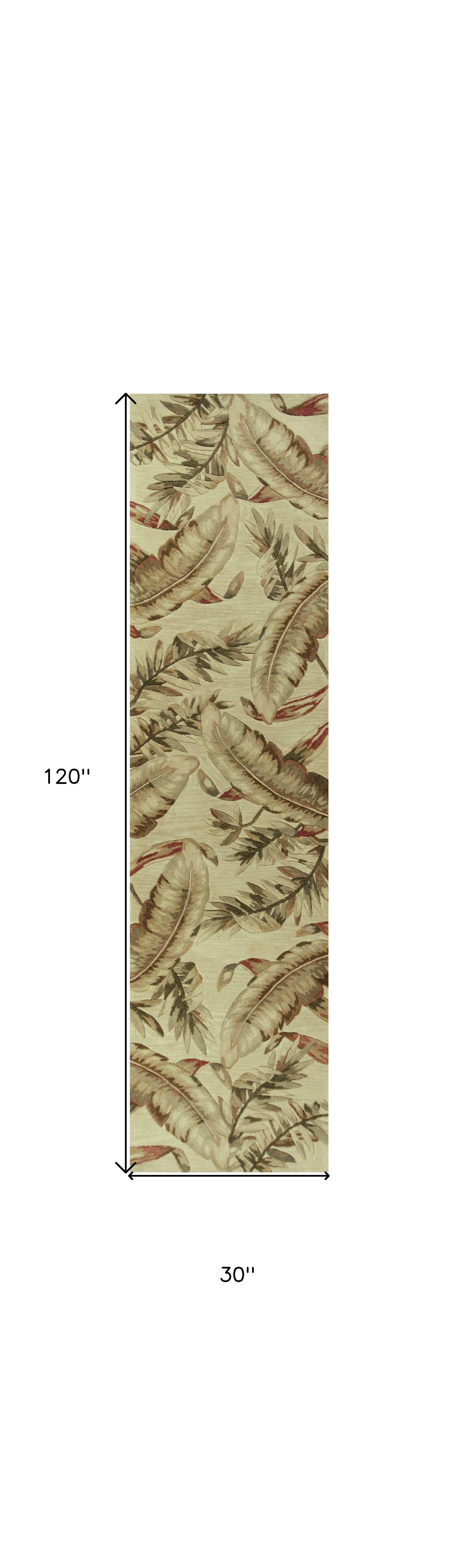 10' Brown Green And Red Wool Tropical Botanical Hand Tufted Runner Rug-Area Rugs-DECOROLALA