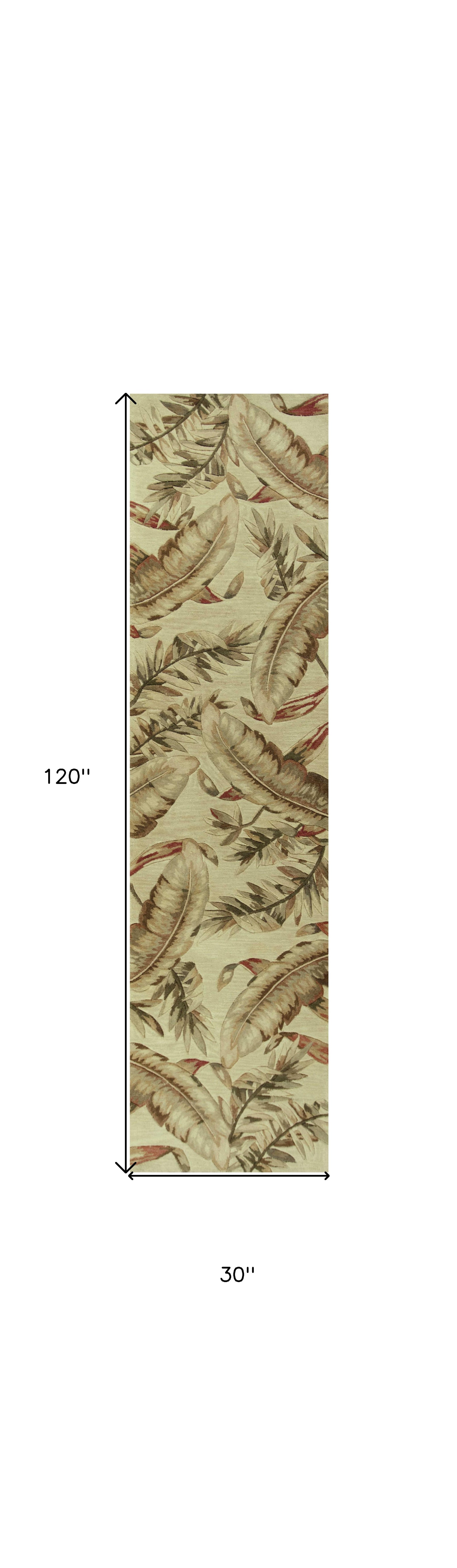 10' Brown Green And Red Wool Tropical Botanical Hand Tufted Runner Rug-Area Rugs-DECOROLALA
