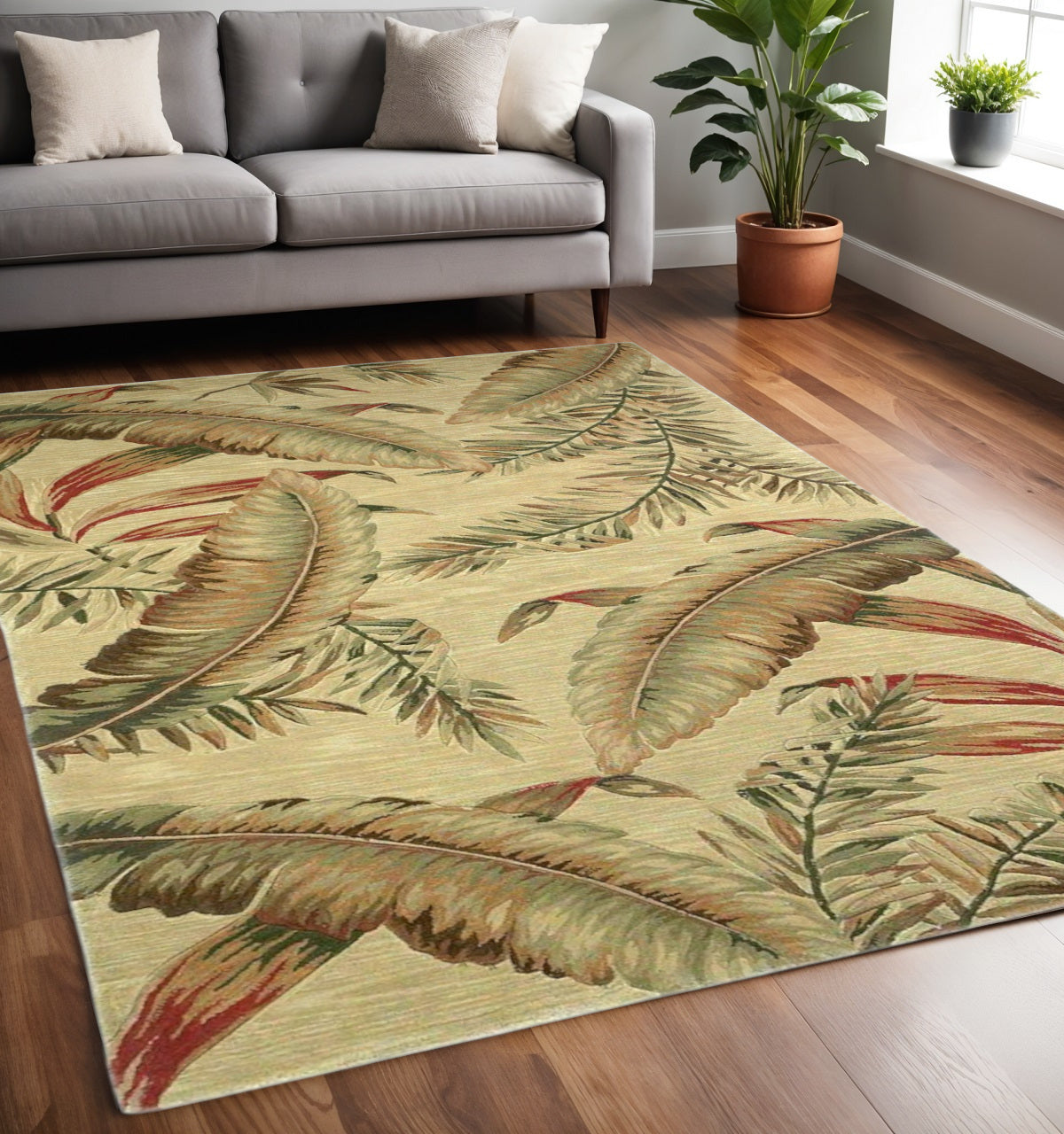 10' Brown Green And Red Wool Tropical Botanical Hand Tufted Runner Rug-Area Rugs-DECOROLALA
