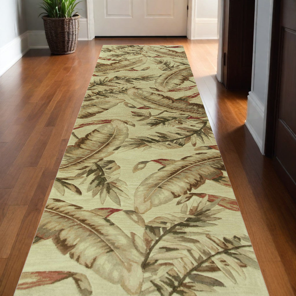 10' Brown Green And Red Wool Tropical Botanical Hand Tufted Runner Rug-Area Rugs-DECOROLALA