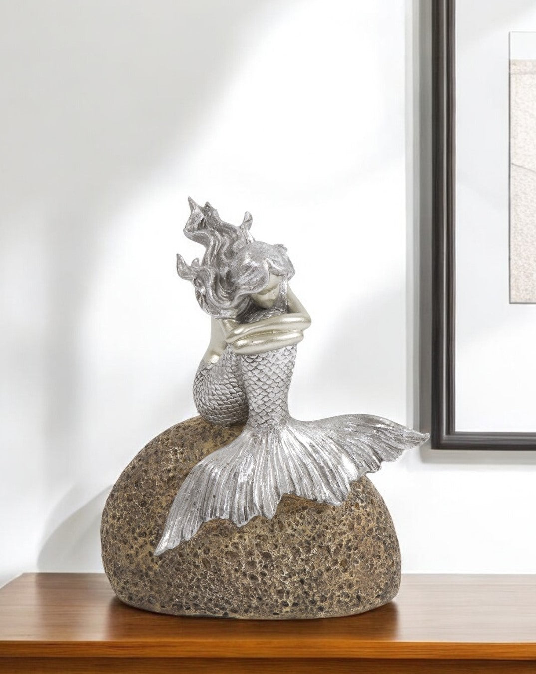 10" Brown and Silver Contemplative Mermaid Resin Tabletop Sculpture-Sculptures-DECOROLALA