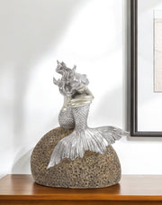10" Brown and Silver Contemplative Mermaid Resin Tabletop Sculpture-Sculptures-DECOROLALA
