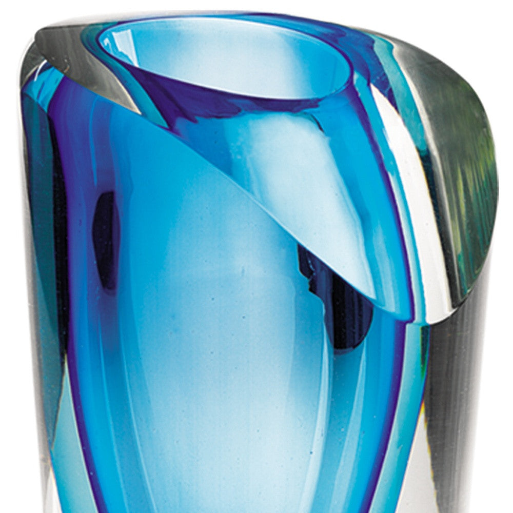 10" Clear And Blue Abstract Cylinder Lead Free Crystal Table Vase-Vases-DECOROLALA