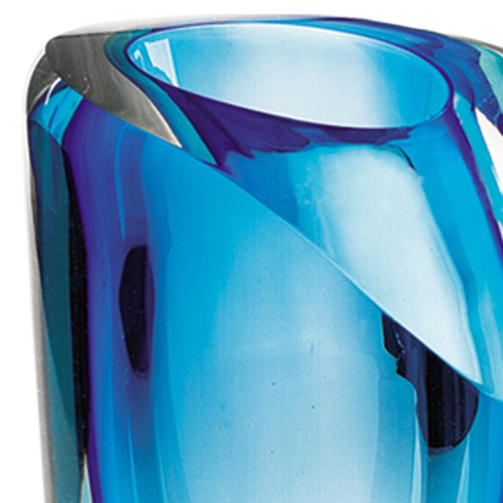 10" Clear And Blue Abstract Cylinder Lead Free Crystal Table Vase-Vases-DECOROLALA