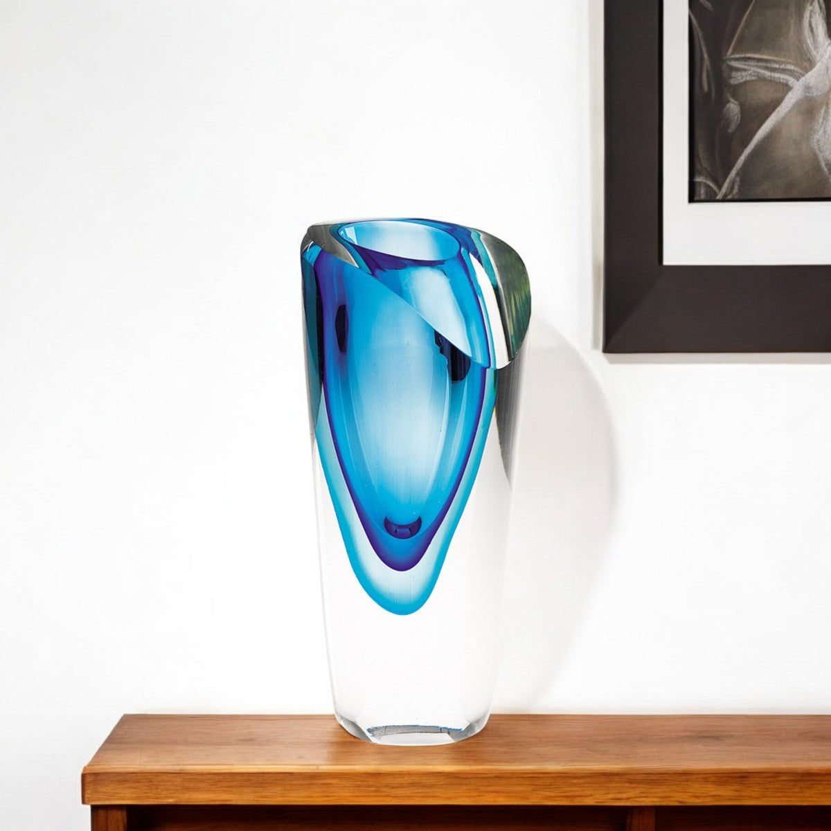 10" Clear And Blue Abstract Cylinder Lead Free Crystal Table Vase-Vases-DECOROLALA