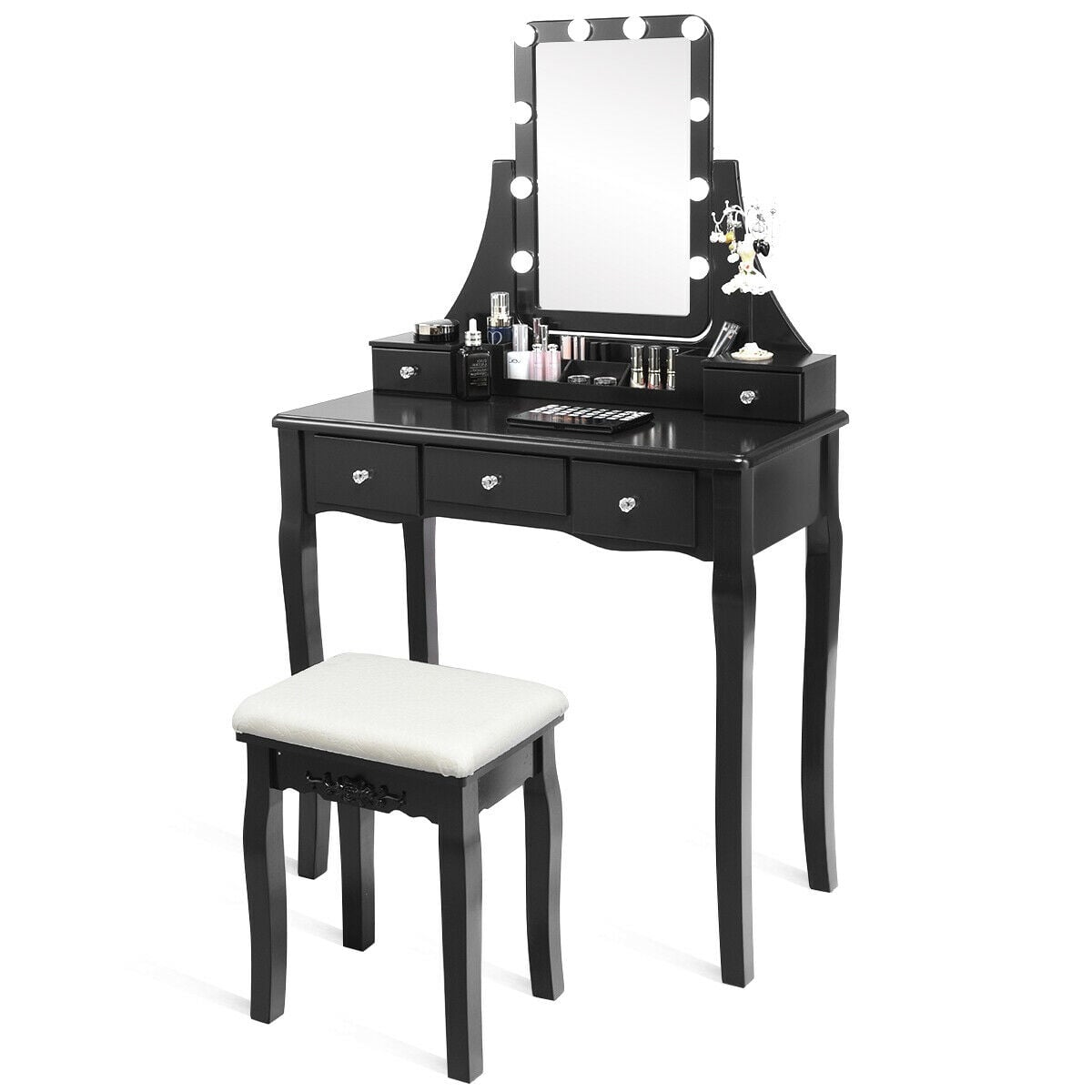 10 Dimmable Light Bulbs Vanity Dressing Table with 2 Dividers and Cushioned Stool-Black-Makeup Vanities-DECOROLALA