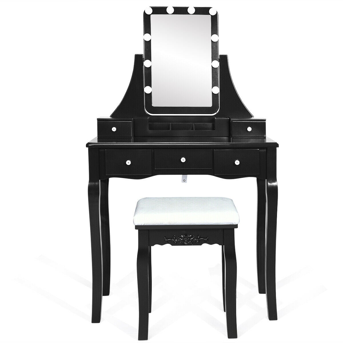 10 Dimmable Light Bulbs Vanity Dressing Table with 2 Dividers and Cushioned Stool-Black-Makeup Vanities-DECOROLALA