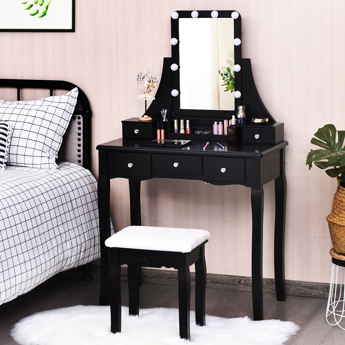 10 Dimmable Light Bulbs Vanity Dressing Table with 2 Dividers and Cushioned Stool-Black-Makeup Vanities-DECOROLALA