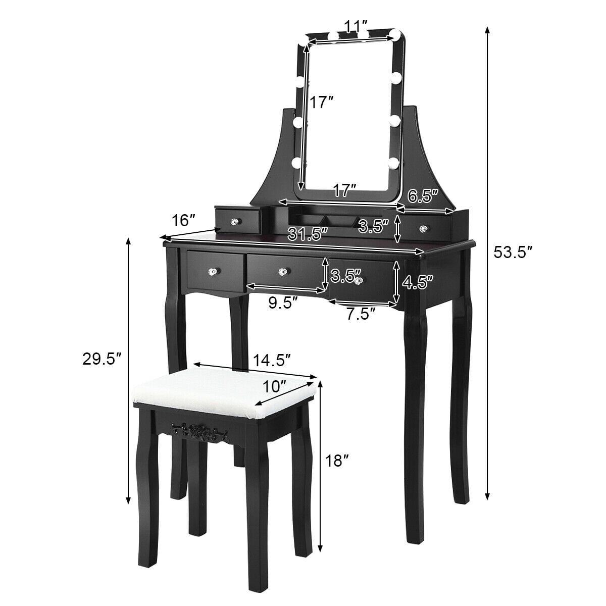 10 Dimmable Light Bulbs Vanity Dressing Table with 2 Dividers and Cushioned Stool-Black-Makeup Vanities-DECOROLALA