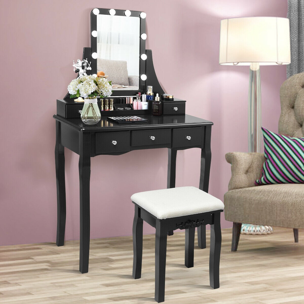 10 Dimmable Light Bulbs Vanity Dressing Table with 2 Dividers and Cushioned Stool-Black-Makeup Vanities-DECOROLALA