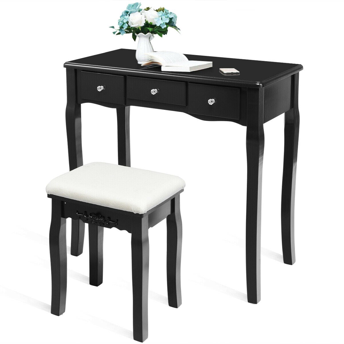10 Dimmable Light Bulbs Vanity Dressing Table with 2 Dividers and Cushioned Stool-Black-Makeup Vanities-DECOROLALA