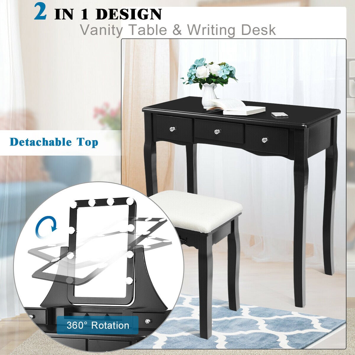 10 Dimmable Light Bulbs Vanity Dressing Table with 2 Dividers and Cushioned Stool-Black-Makeup Vanities-DECOROLALA